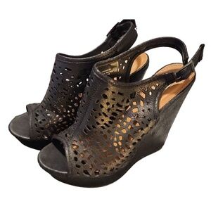 Buckle Black Laser Cut Out Peep Toe Wedge Heel Slingback Sandals 6